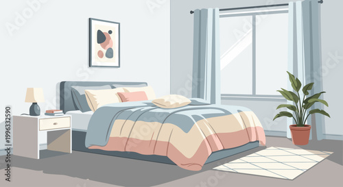 Master bedroom with made bed and large window light