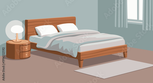 Wooden bed with bedside lamp in minimalist bedroom interior