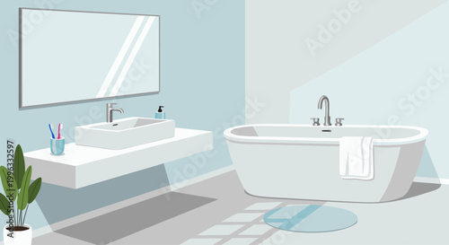 Modern bathtub and sink in bright home bathroom interior