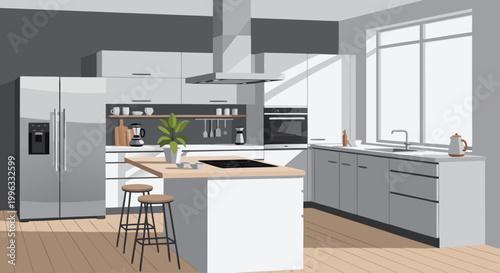 Modern kitchen with island and stainless appliances interior