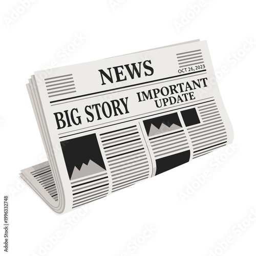 Folded newspaper announcing big story on white background
