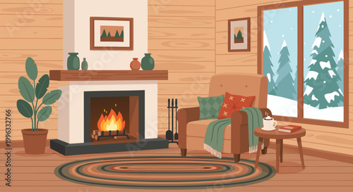 Armchair with blanket by fireplace in snowy cabin living room