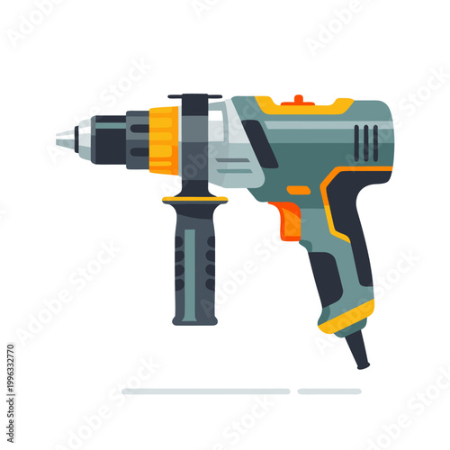 Electric drill with handle and chuck isolated on white background
