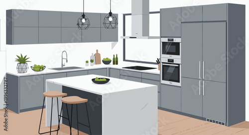Modern grey kitchen with island and built in appliances