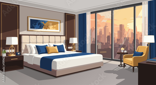 Hotel bedroom with city view from floor to ceiling windows