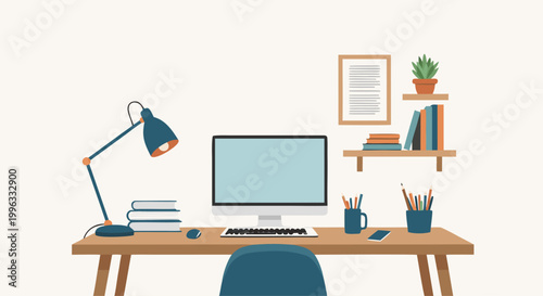 Minimal home office desk setup with computer and lamp