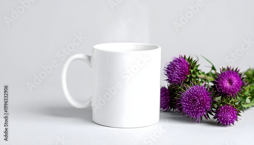 Milk thistle herbal tea with purple blossoms and blank white mug mockup, minimalist wellness still life, elegant conceptual mood, AI generated digital art