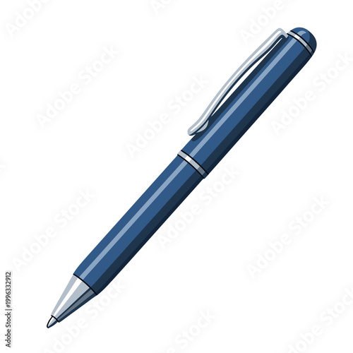 Blue ballpoint pen angled on white background isolated