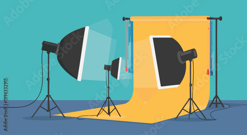 Studio lighting equipment positioned with backdrop setup