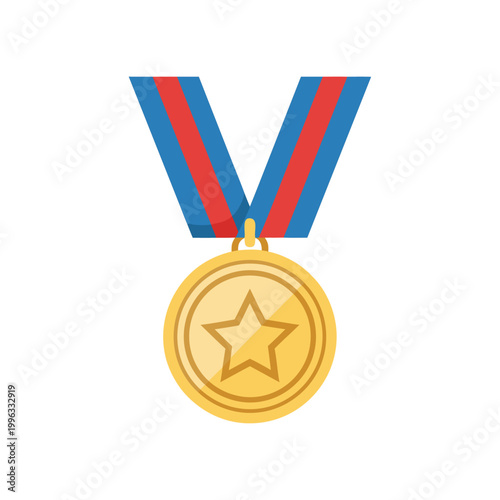 Gold medal hanging from red and blue ribbon on white background