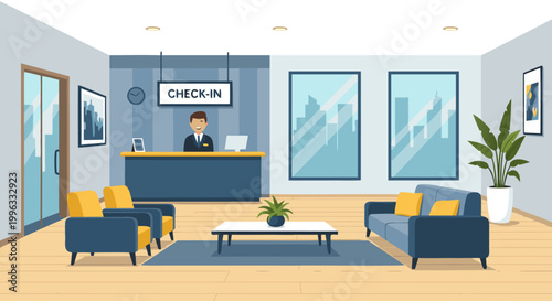 Hotel check in desk with seating area in bright lobby reception
