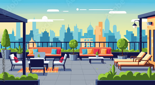 Rooftop terrace furnished with lounge seating and city skyline