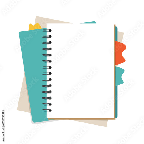 Spiral notebook open with blank pages and colored tabs on white background