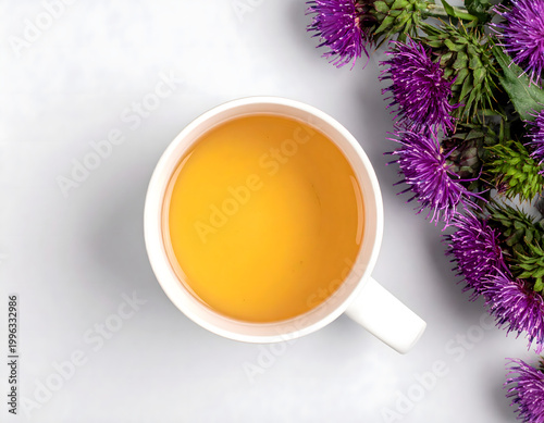  Milk thistle herbal tea in white cup with purple thistle flowers, minimalist botanical wellness flat lay, copy space,  calm conceptual mood, AI generated digital art