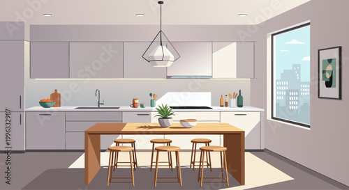 Modern kitchen dining area with wooden table and stools