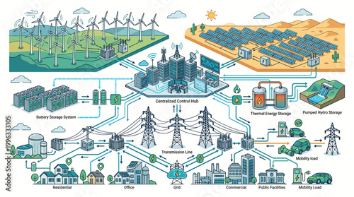 Infographic illustrating renewable energy sources and distribution systems.