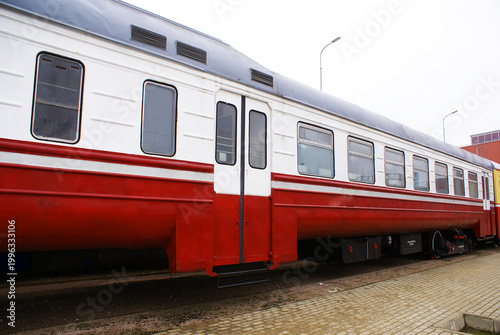 Old brightly painted commuter train. Train. Travel.