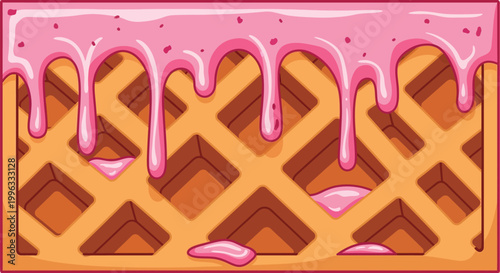 Strawberry cream dripping on waffle, sweet pink glaze over crispy wafer, dessert vector