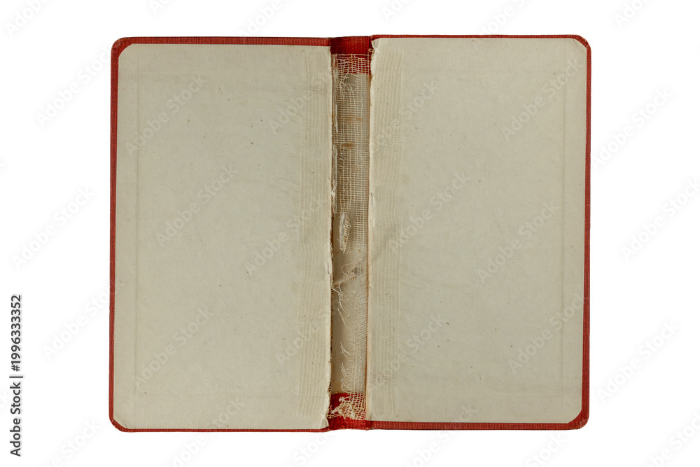 Ταπετσαρία Open vintage book cover interior with worn fabric spine, aged paper lining, and red cloth border, isolated on black background