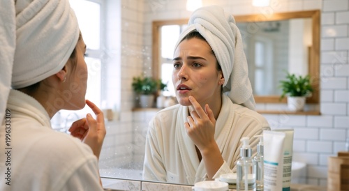 Young woman in bathrobe examining her skin in bathroom mirror. Female touching chin looking at blemish or acne. Skincare and dermatology concept