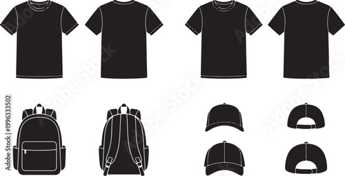 Set of black vector silhouettes featuring blank t-shirts backpacks and baseball caps from front and back views for apparel design mockups