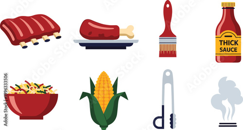 BBQ and Grilling Food Vector Set with Ribs, Sausage, Corn, Sauce, Tongs, Brush, and Grilled Food Icons for Digital, Web, and Print Media Designs