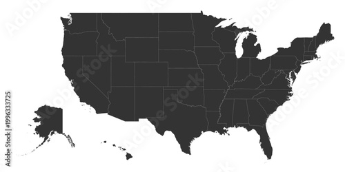 The map displays all states of the USA including Alaska and Hawaii. The layout offers a clear view of the geographical boundaries of each state.