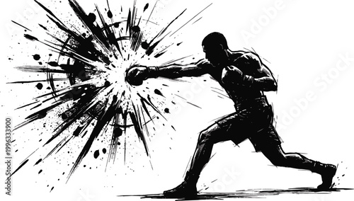 Black silhouette of a man punching with explosion Vector