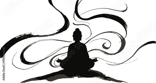Black silhouette of buddha meditating with swirling lines Vector