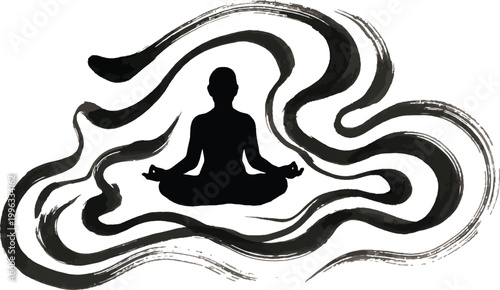 Black silhouette of a meditating person with swirling lines Vector