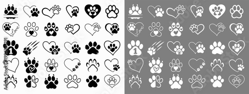 Dog paw print icons set pet footprint symbols collection black and white