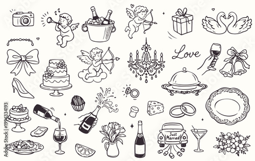 Wedding doodle set love elements hand drawn bride groom icons collection