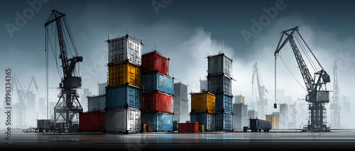 Abstract illustration of an industrial port with cranes, storage tanks, and containers on a reflective background. Modern logistics scene with minimalist detail and industrial atmosphere.