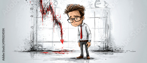 Sad cartoon businessman stands before a falling stock chart and red downward arrow, illustrating financial loss, recession, and workplace stress in a minimalist sketch scene.