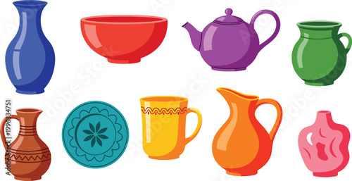 Ceramic and Pottery Vessels Vector Set with Teapot, Bowl, Pitcher, Vase, Mug, Plate, and Decorative Clay Pot Icons for Digital, Web, and Print Media Designs