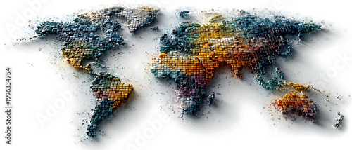 Abstract digital world map formed by blue and orange fragmented blocks on a white background. Modern global design with textured detail and futuristic depth.