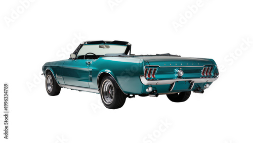 Konstfotografi Teal 1967 Ford Mustang convertible classic car rear view, isolated on transparen