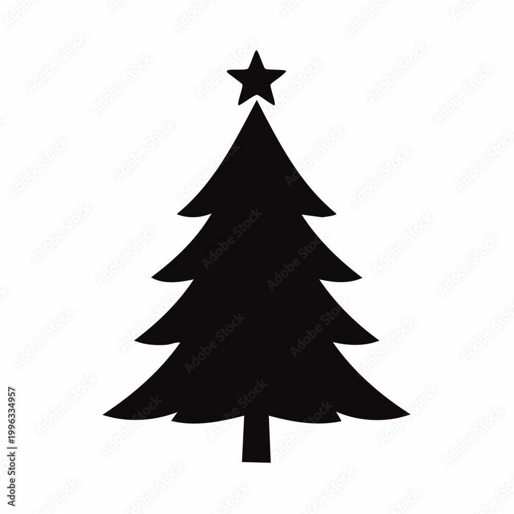 Obraz premium A black silhouette of a Christmas tree with a star on top stands alone