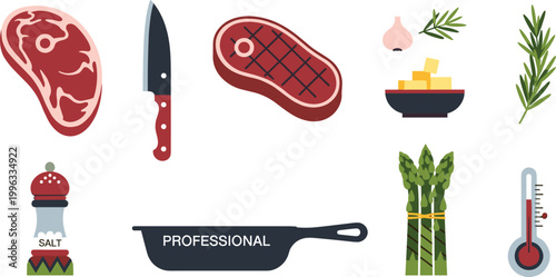 Cooking and Kitchen Tools Vector Set with Steak, Knife, Salt Grinder, Garlic, Rosemary, Asparagus, Frying Pan, and Food Thermometer Icons for Digital, Web, and Print Media Designs