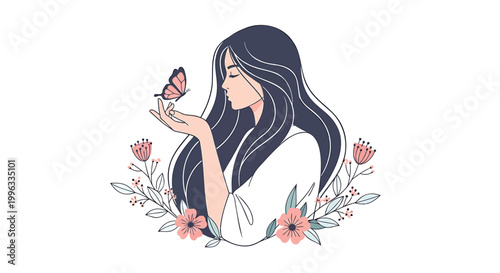 Woman with long hair, butterfly, floral illustration, vector art