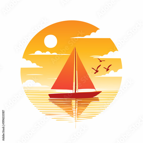 Sailing boat cruises across calm waters at sunset with birds flying overhead.