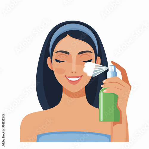 Woman applying facial spray to her face with eyes closed indoors.