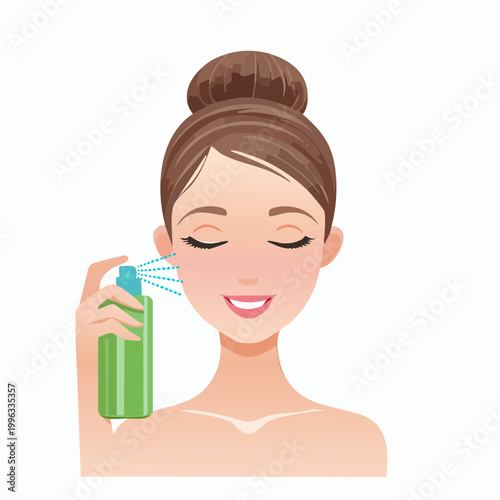 Woman applying facial spray to her face with eyes closed
