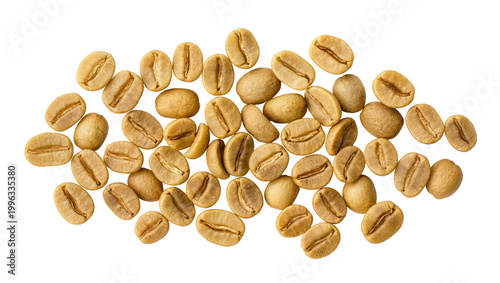 Tableau sur toile Pile of raw unroasted green coffee beans, isolated on transparent background