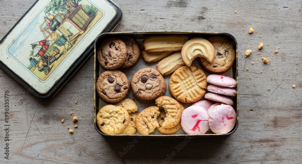 Fototapeta premium Assorted Cookies in Vintage Tin Box on Wooden Table