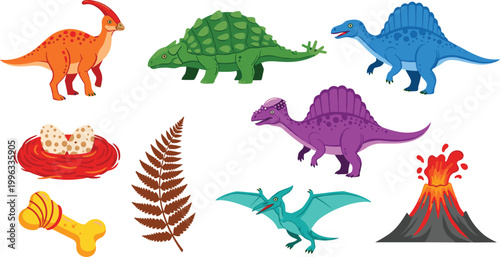 Dinosaurs and Prehistoric Life Vector Set with Fossils, Volcano, Eggs, Dinosaurs, and Fern Icons for Digital, Web, and Print Media Designs