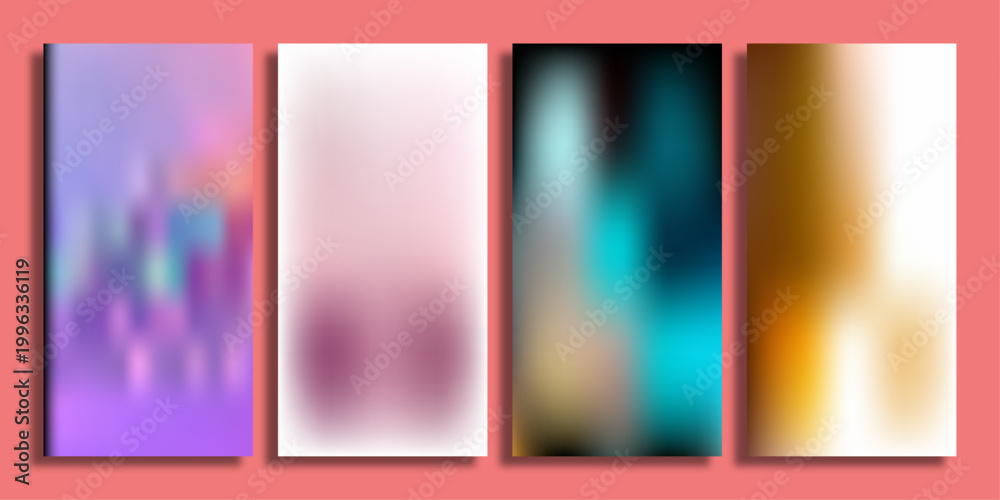 Fototapeta premium Abstract blurred gradient background set, 4 colorful mesh texture vertical banners, vibrant holographic and soft pastel aesthetic backdrops for mobile apps