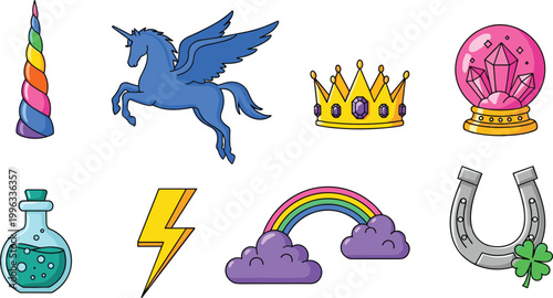 Fantasy and Magic Symbols Vector Set with Unicorn, Rainbow, Crown, Crystal Ball, Lightning, Horseshoe, Potion, and Clover Icons for Digital, Web, and Print Designs
