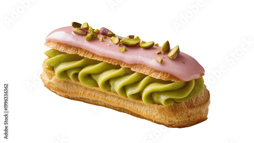 Obraz na plátně Pink glazed pistachio eclair with green cream filling, isolated on transparent b