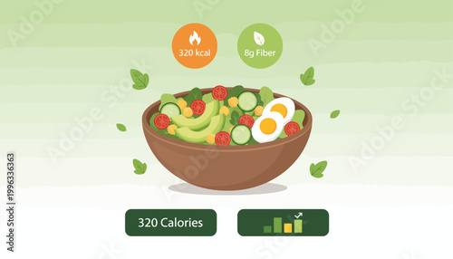 Healthy food bowl with eggs, vegetables, and avocado on a table indoors